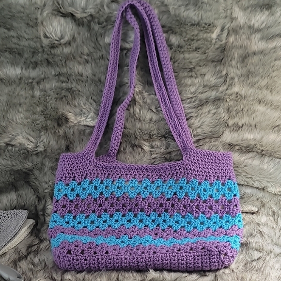 Handmade Crochet Tote Bag in Purple and Blue - Picture 1 of 10